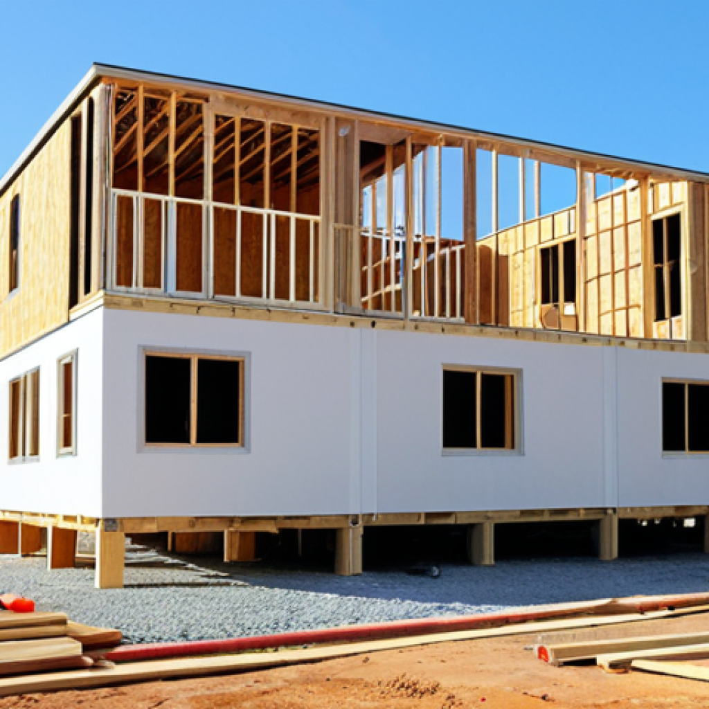 **Image Prompt:** A time-lapse showcasing the rapid construction of a modern modular home. The scene transitions from foundation to a fully furnished house in a matter of days, emphasizing the speed and efficiency of modular construction compared to a traditionally built home in the background still under construction. Focus on bright colors and a clear blue sky to convey a sense of optimism and progress.