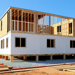 **Image Prompt:** A time-lapse showcasing the rapid construction of a modern modular home. The scene transitions from foundation to a fully furnished house in a matter of days, emphasizing the speed and efficiency of modular construction compared to a traditionally built home in the background still under construction. Focus on bright colors and a clear blue sky to convey a sense of optimism and progress.