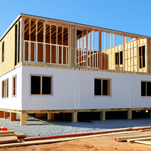 Home 4 **Image Prompt:** A time-lapse showcasing the rapid construction of a modern modular home. The scene transitions from foundation to a fully furnished house in a matter of days, emphasizing the speed and efficiency of modular construction compared to a traditionally built home in the background still under construction. Focus on bright colors and a clear blue sky to convey a sense of optimism and progress.