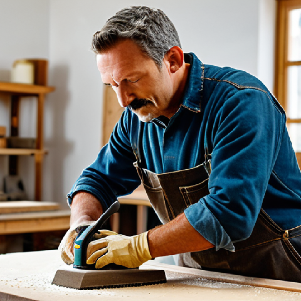 **
A craftsman sanding a wooden surface in a well-lit workshop, preparing it for primer. Tools and sandpaper are visible. The scene emphasizes careful surface preparation. The craftsman is wearing appropriate attire, fully clothed. safe for work, appropriate content, perfect anatomy, natural proportions, professional, family-friendly.
**