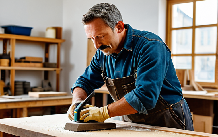 **
A craftsman sanding a wooden surface in a well-lit workshop, preparing it for primer. Tools and sandpaper are visible. The scene emphasizes careful surface preparation. The craftsman is wearing appropriate attire, fully clothed. safe for work, appropriate content, perfect anatomy, natural proportions, professional, family-friendly.
**