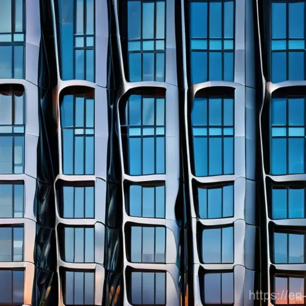 건축용 합성수지 판넬 - **Prompt:** A breathtaking, futuristic high-rise building facade at twilight, showcasing architectur...