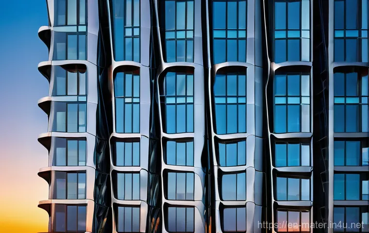 건축용 합성수지 판넬 - **Prompt:** A breathtaking, futuristic high-rise building facade at twilight, showcasing architectur...
