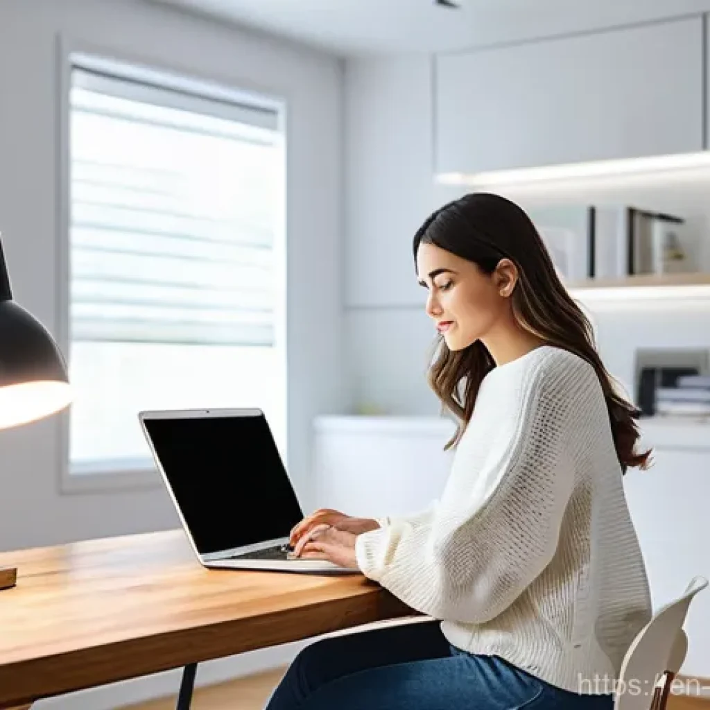 LED 패널 조명 설치법 - **Prompt:** A brightly lit modern home office with an adult female (20s-30s, dressed in smart casual...