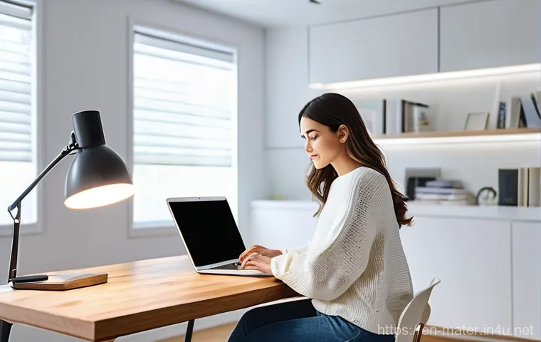 LED 패널 조명 설치법 - **Prompt:** A brightly lit modern home office with an adult female (20s-30s, dressed in smart casual...