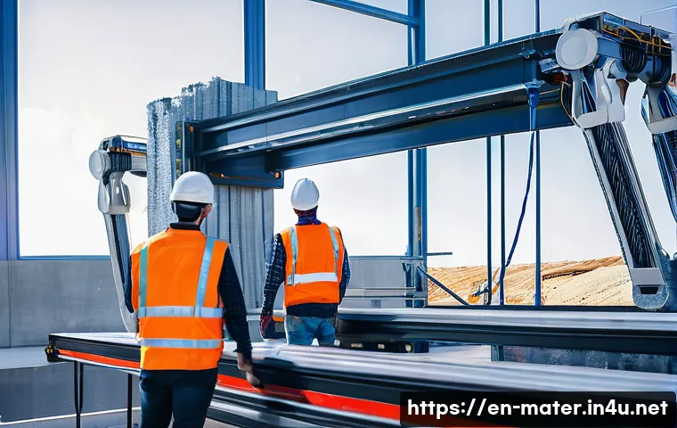 3D 프린팅 건축 자재 발전 - **Prompt:** A dynamic, eye-level shot of a large, industrial 3D printing gantry system in action on ...