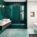 욕실 타일 종류별 비교 - A modern bathroom interior showcasing a sleek combination of large-format porcelain floor tiles in a...