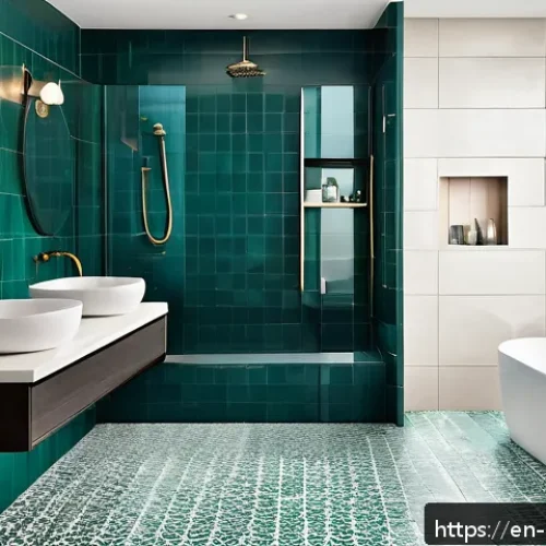 욕실 타일 종류별 비교 - A modern bathroom interior showcasing a sleek combination of large-format porcelain floor tiles in a...