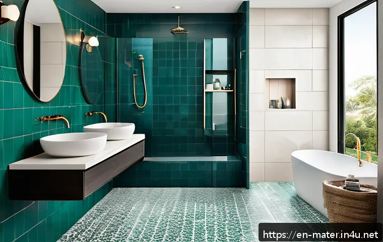 욕실 타일 종류별 비교 - A modern bathroom interior showcasing a sleek combination of large-format porcelain floor tiles in a...
