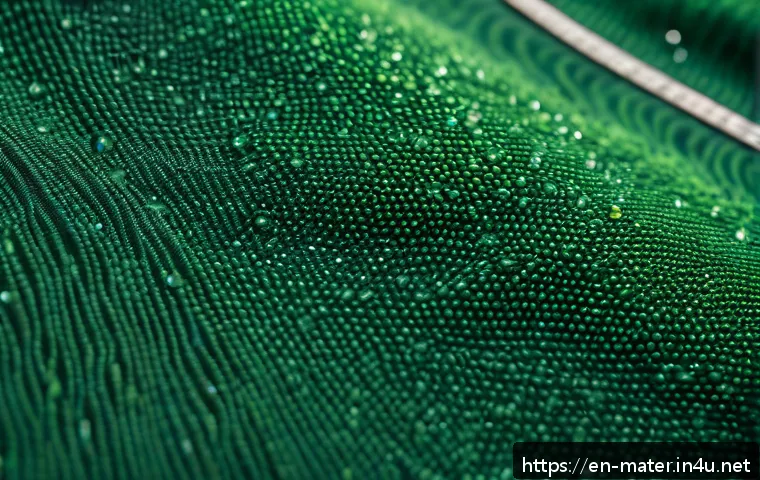 발수 코팅제 효과 - A close-up, hyper-realistic image of a hiking jacket fabric treated with a silicone-based water-repe...